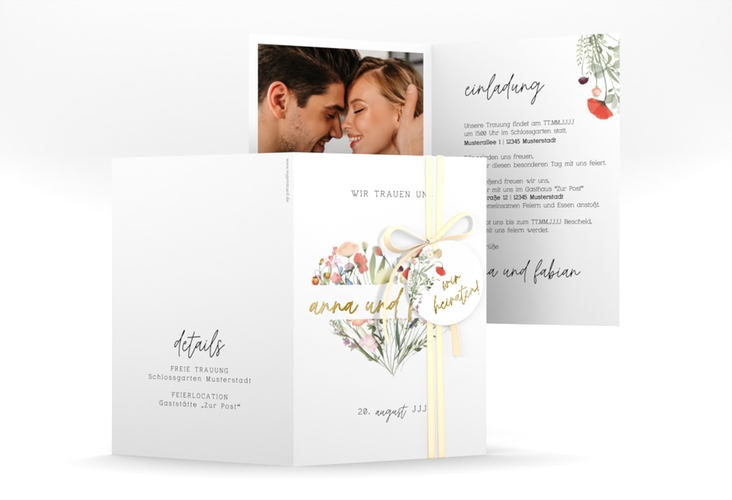 Einladungskarte Hochzeit Wildblumenherz A6 Klappkarte hoch gold