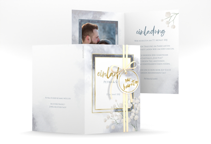 Einladungskarte Hochzeit Winter A6 Klappkarte hoch gold mit Schleierkraut