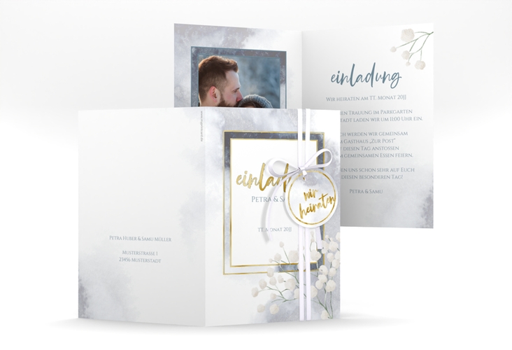 Einladungskarte Hochzeit Winter A6 Klappkarte hoch gold mit Schleierkraut