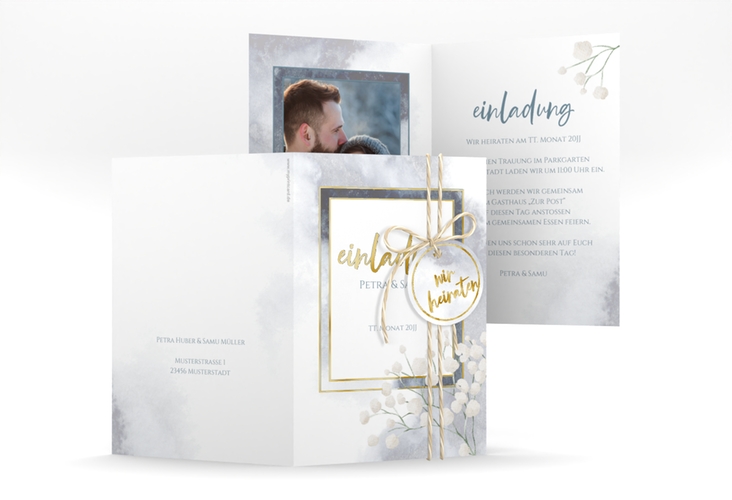 Einladungskarte Hochzeit Winter A6 Klappkarte hoch gold mit Schleierkraut