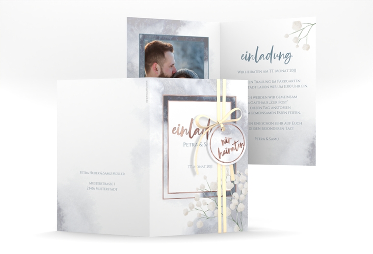 Einladungskarte Hochzeit Winter A6 Klappkarte hoch rosegold mit Schleierkraut
