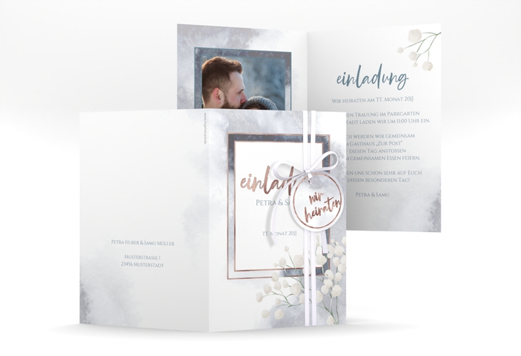 Einladungskarte Hochzeit Winter A6 Klappkarte hoch rosegold mit Schleierkraut