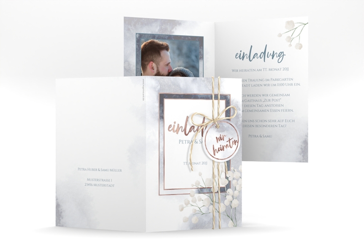Einladungskarte Hochzeit Winter A6 Klappkarte hoch rosegold mit Schleierkraut