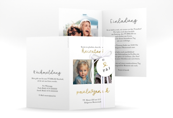 Einladungskarte Hochzeit Kindheitsfotos A6 Klappkarte hoch gold