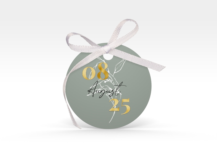 Geschenkanhänger Hochzeit Seed Geschenkanhänger, rund gruen gold mit Pflanzen-Illustration und elegantem Datum
