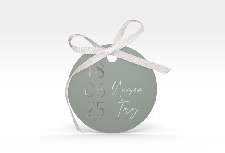 Geschenkanhänger Hochzeit Day Geschenkanhänger, rund gruen silber mit Datum im minimalistischen Design