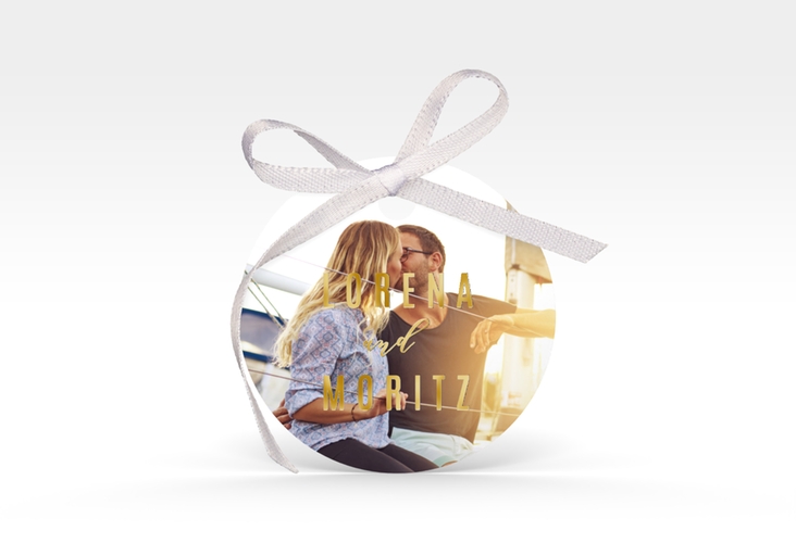 Geschenkanhänger Hochzeit Memory Geschenkanhänger, rund weiss gold zum Personalisieren mit Foto