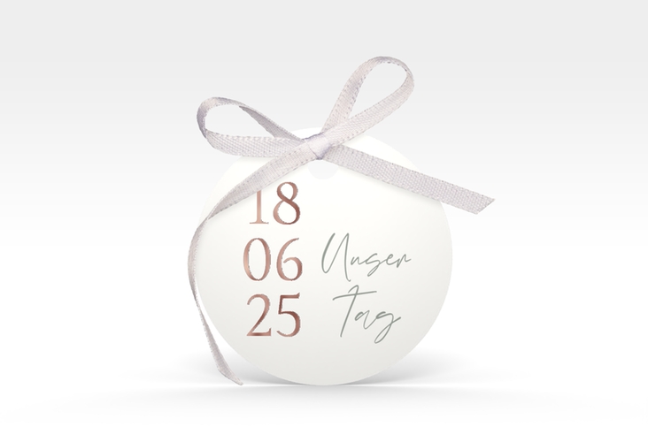 Geschenkanhänger Hochzeit Day Geschenkanhänger, rund weiss rosegold mit Datum im minimalistischen Design