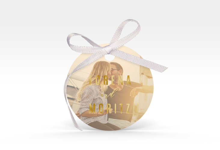 Geschenkanhänger Hochzeit Memory Geschenkanhänger, rund beige gold zum Personalisieren mit Foto