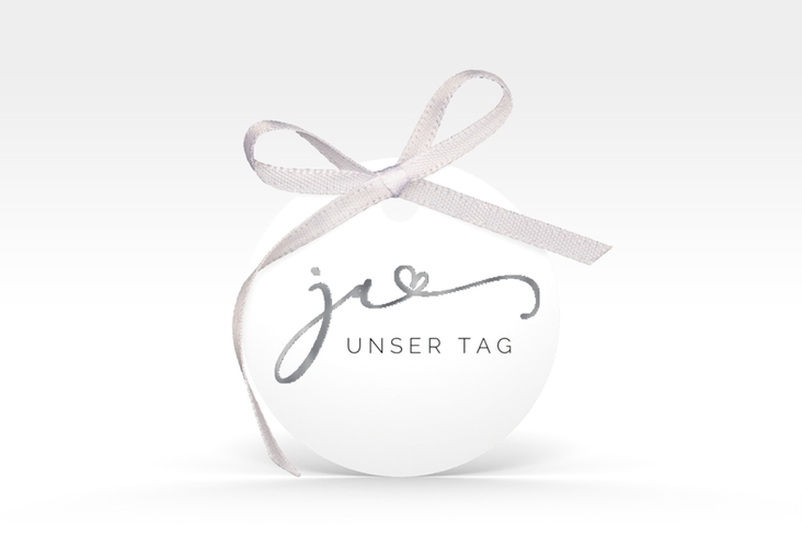 Geschenkanhänger Hochzeit Jawort Geschenkanhänger, rund weiss silber modern minimalistisch mit veredelter Aufschrift