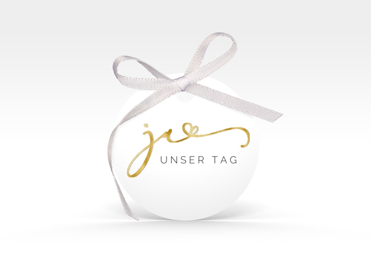 Geschenkanhänger Hochzeit Jawort Geschenkanhänger, rund weiss gold modern minimalistisch mit veredelter Aufschrift