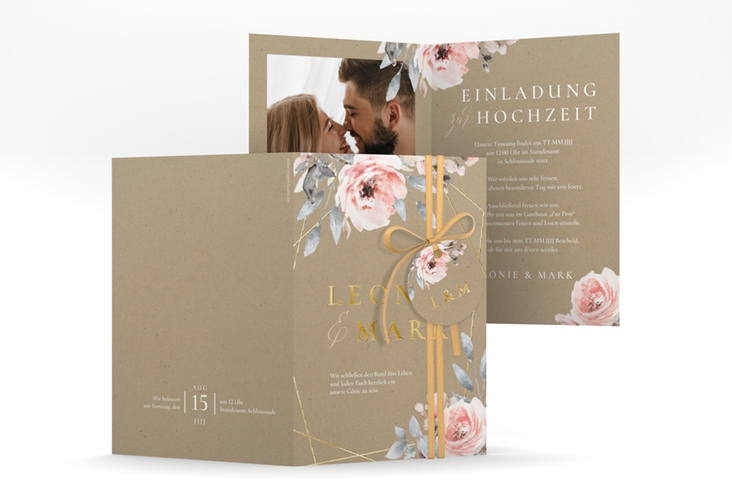 Einladungskarte Hochzeit Perfection A6 Klappkarte hoch gold mit rosa Rosen
