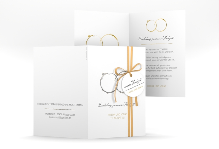 Einladungskarte Hochzeit Trauringe A6 Klappkarte hoch silber minimalistisch gestaltet mit zwei Eheringen