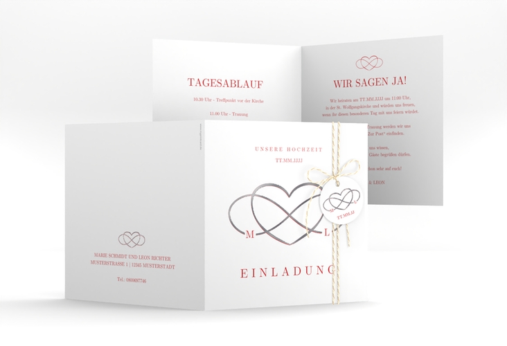 Hochzeitseinladung Infinity quadr. Klappkarte rot silber