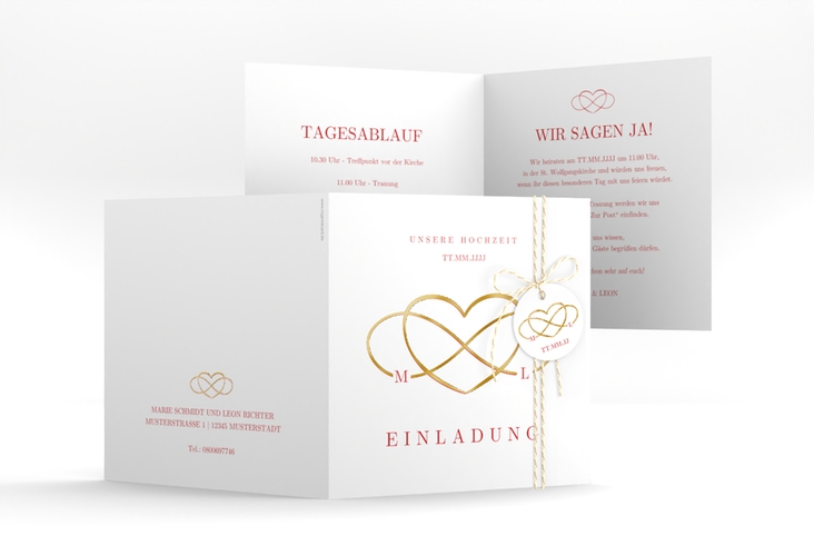 Hochzeitseinladung Infinity quadr. Klappkarte rot gold