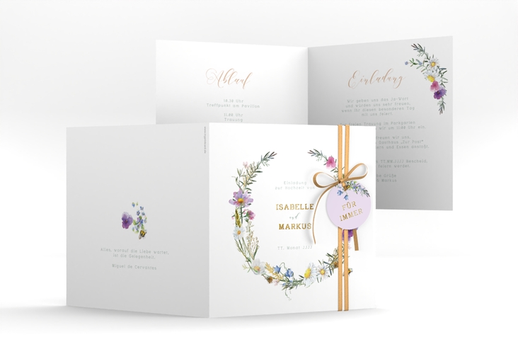Hochzeitseinladung Blumengarten quadr. Klappkarte bunt gold mit Blumenkranz und Hummel