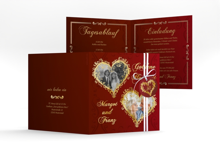Hochzeitseinladung Goldene Hochzeit quadr. Klappkarte rot gold