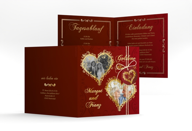 Hochzeitseinladung Goldene Hochzeit quadr. Klappkarte rot gold