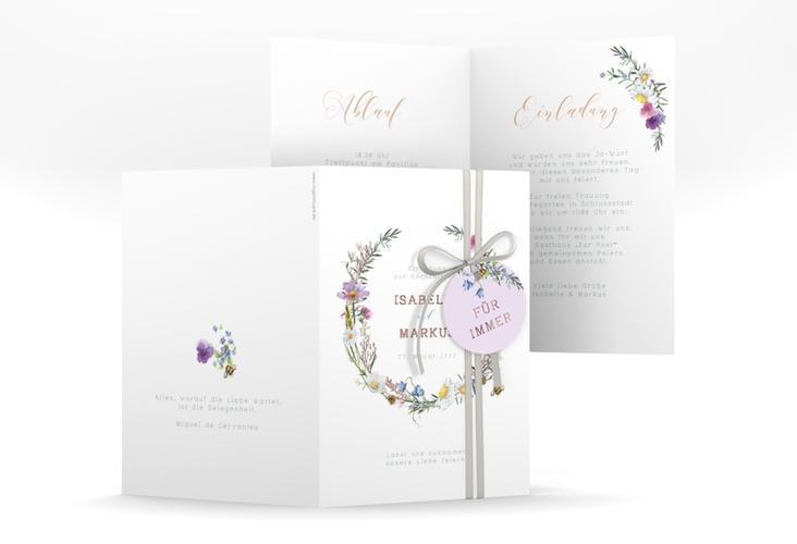 Einladungskarte Hochzeit Blumengarten A6 Klappkarte hoch rosegold mit Blumenkranz und Hummel