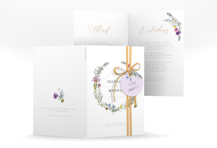 Einladungskarte Hochzeit Blumengarten A6 Klappkarte hoch silber mit Blumenkranz und Hummel