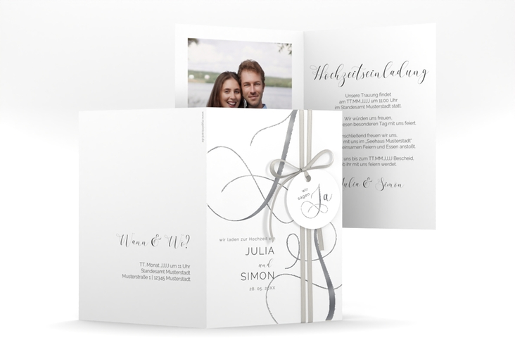 Hochzeitseinladung Eheschließung A6 Klappkarte hoch silber mit Gräsern und Trockenblumen für Boho-Hochzeit