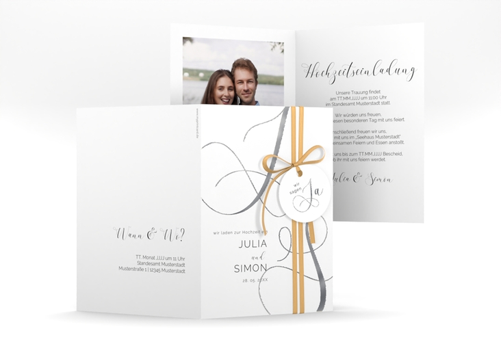 Hochzeitseinladung Eheschließung A6 Klappkarte hoch silber mit Gräsern und Trockenblumen für Boho-Hochzeit