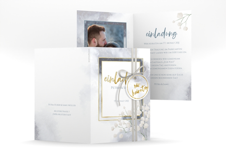 Einladungskarte Hochzeit Winter A6 Klappkarte hoch gold mit Schleierkraut