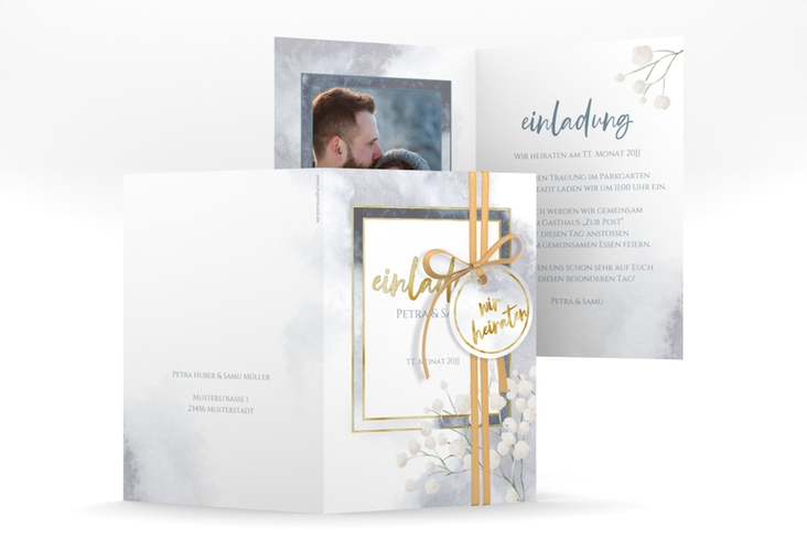 Einladungskarte Hochzeit Winter A6 Klappkarte hoch gold mit Schleierkraut