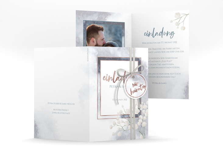 Einladungskarte Hochzeit Winter A6 Klappkarte hoch rosegold mit Schleierkraut