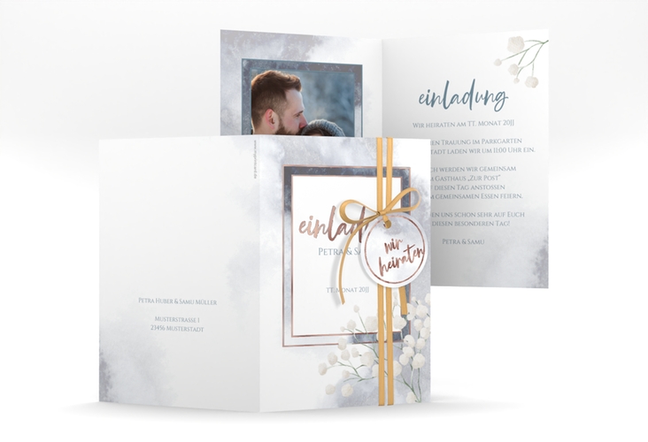 Einladungskarte Hochzeit Winter A6 Klappkarte hoch rosegold mit Schleierkraut