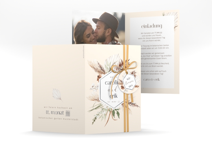 Einladungskarte Hochzeit Bohemian A6 Klappkarte hoch silber mit Gräsern und Trockenblumen für Boho-Hochzeit