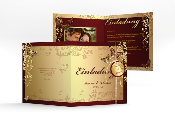 Hochzeitseinladung Toulouse quadr. Klappkarte rot gold romantisch mit Schmetterlingen