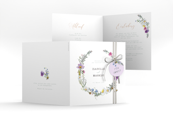 Hochzeitseinladung Blumengarten quadr. Klappkarte bunt silber mit Blumenkranz und Hummel