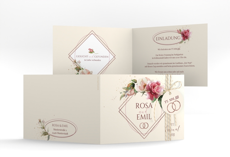 Hochzeitseinladung Rosenbogen A6 Klappkarte quer rosegold