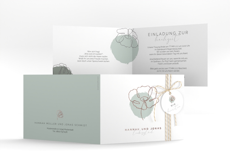 Hochzeitseinladung Flowerline A6 Klappkarte quer rosegold