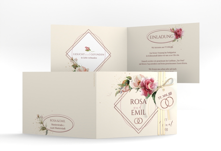 Hochzeitseinladung Rosenbogen A6 Klappkarte quer rosegold