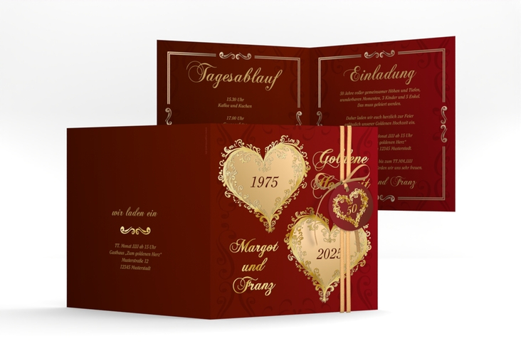 Hochzeitseinladung Goldene Hochzeit quadr. Klappkarte rot gold