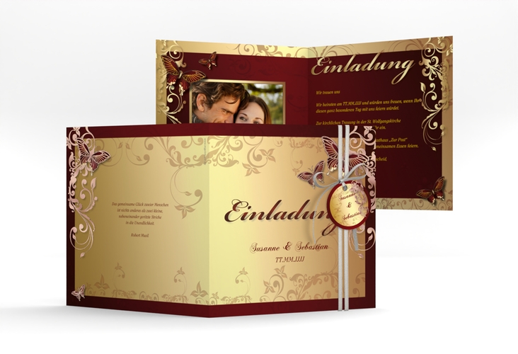 Hochzeitseinladung Toulouse quadr. Klappkarte rot rosegold romantisch mit Schmetterlingen