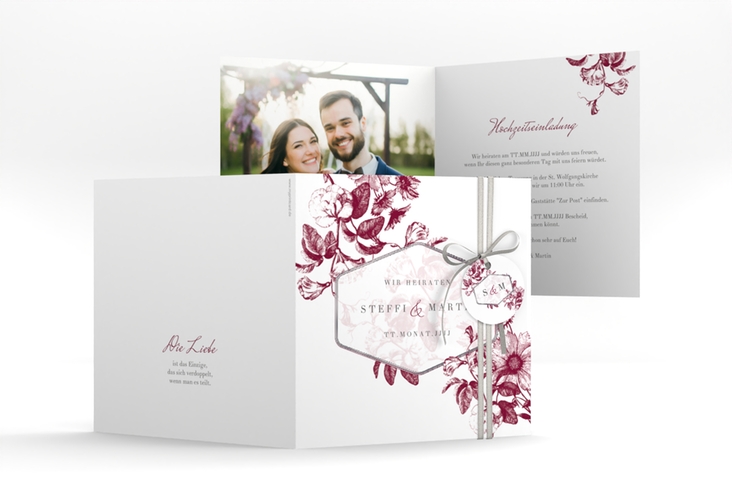 Hochzeitseinladung Magnificent quadr. Klappkarte rot silber