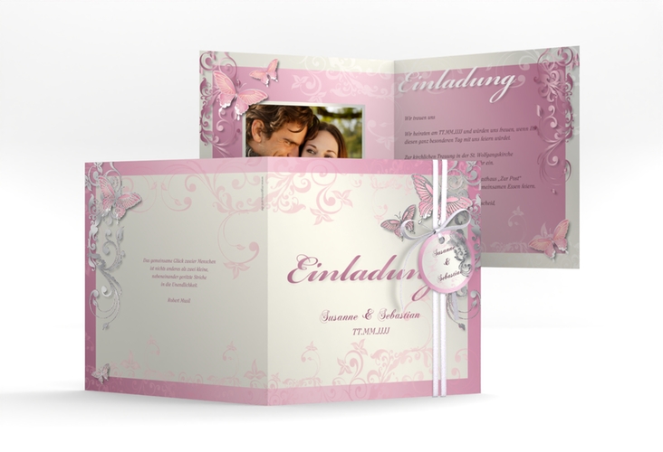 Hochzeitseinladung Toulouse quadr. Klappkarte rosa silber romantisch mit Schmetterlingen