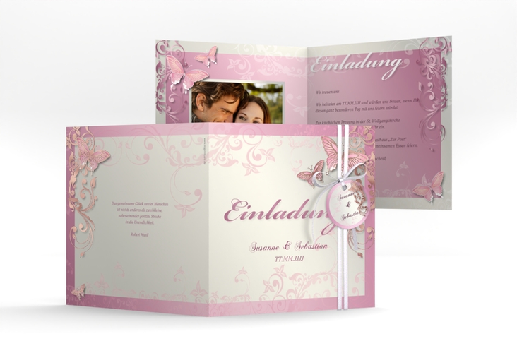 Hochzeitseinladung Toulouse quadr. Klappkarte rosa rosegold romantisch mit Schmetterlingen