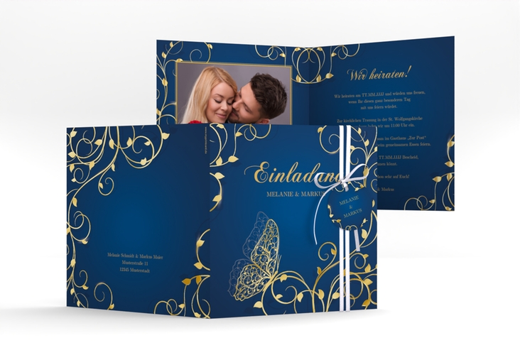 Hochzeitseinladung Eternity quadr. Klappkarte blau gold
