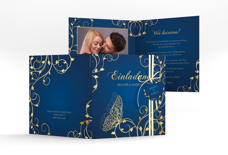 Hochzeitseinladung Eternity quadr. Klappkarte blau gold