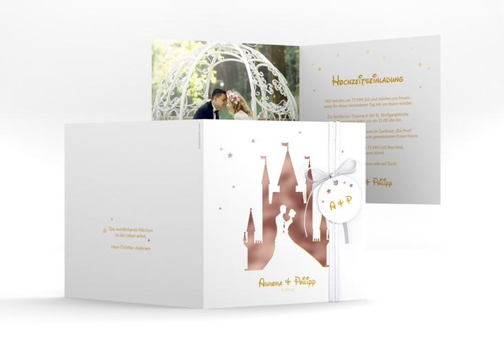 Hochzeitseinladung Castle quadr. Klappkarte gold rosegold