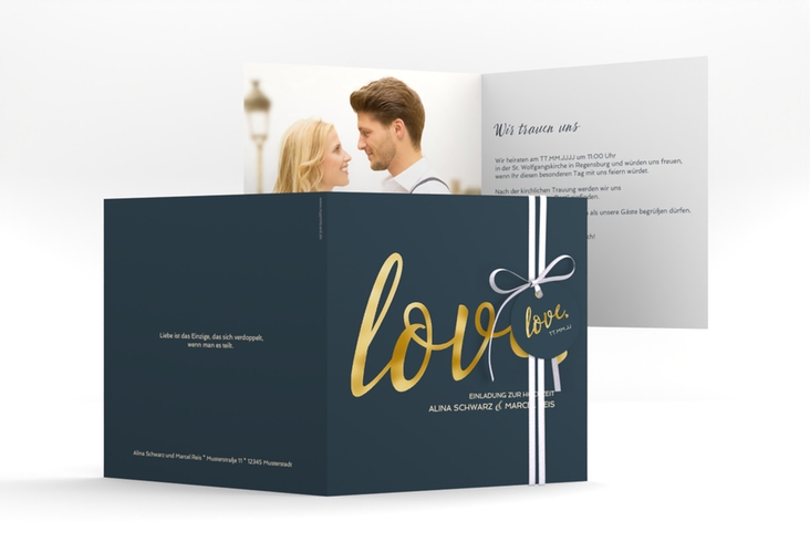 Hochzeitseinladung Glam quadr. Klappkarte blau gold