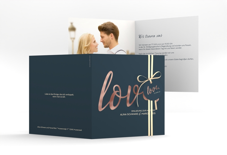 Hochzeitseinladung Glam quadr. Klappkarte blau rosegold