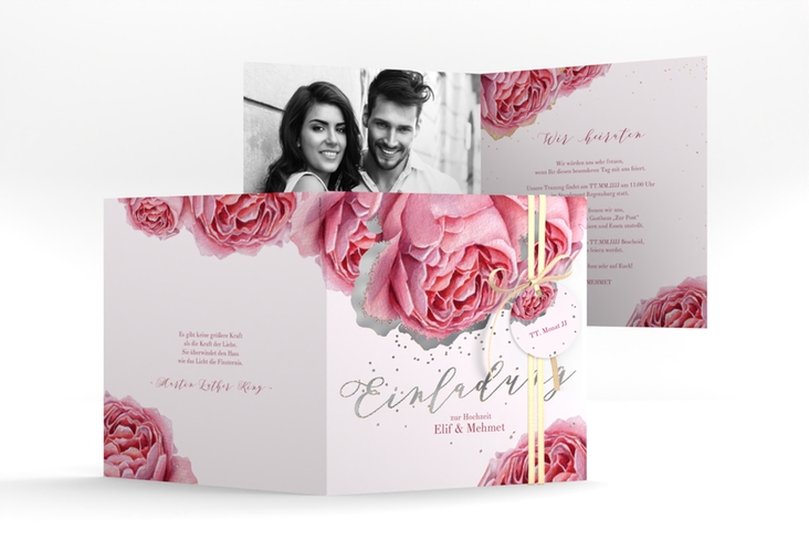 Hochzeitseinladung Cherie quadr. Klappkarte rosa silber