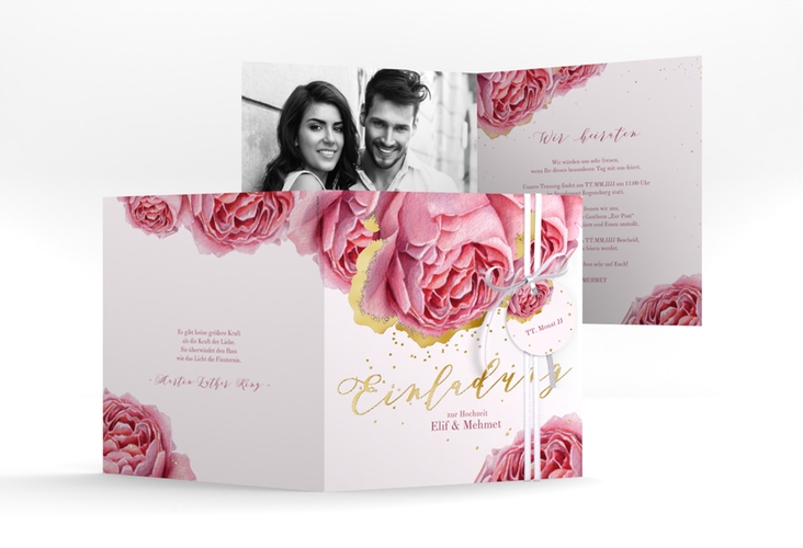 Hochzeitseinladung Cherie quadr. Klappkarte rosa gold