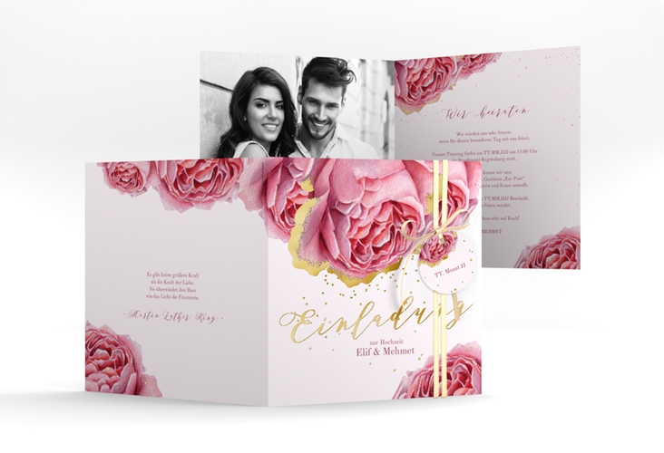 Hochzeitseinladung Cherie quadr. Klappkarte rosa gold