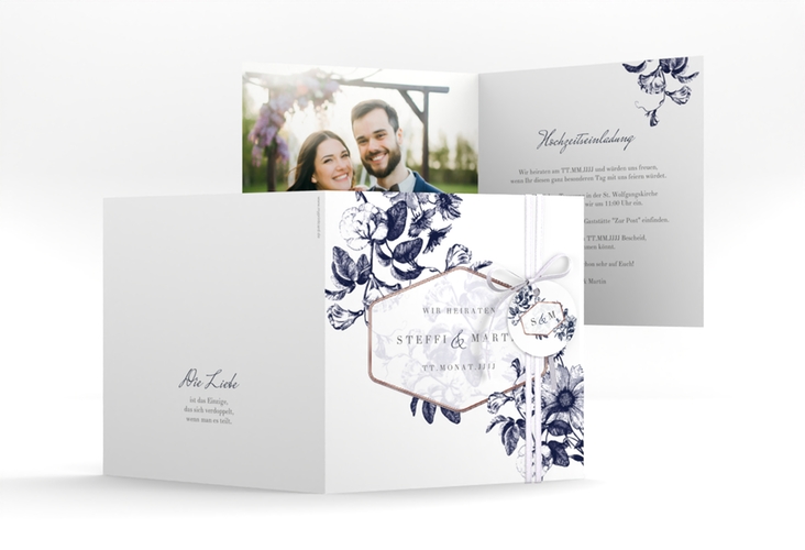 Hochzeitseinladung Magnificent quadr. Klappkarte blau rosegold